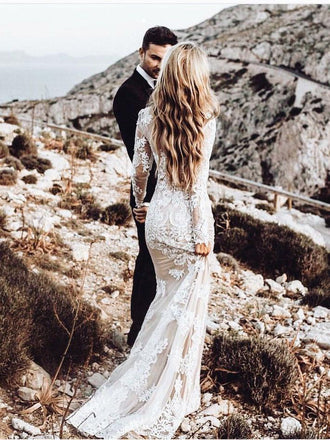 Long Sleeve Lace Applique Wedding Dresses Vintage Mermaid Wedding Dress AWD1255-SheerGirl