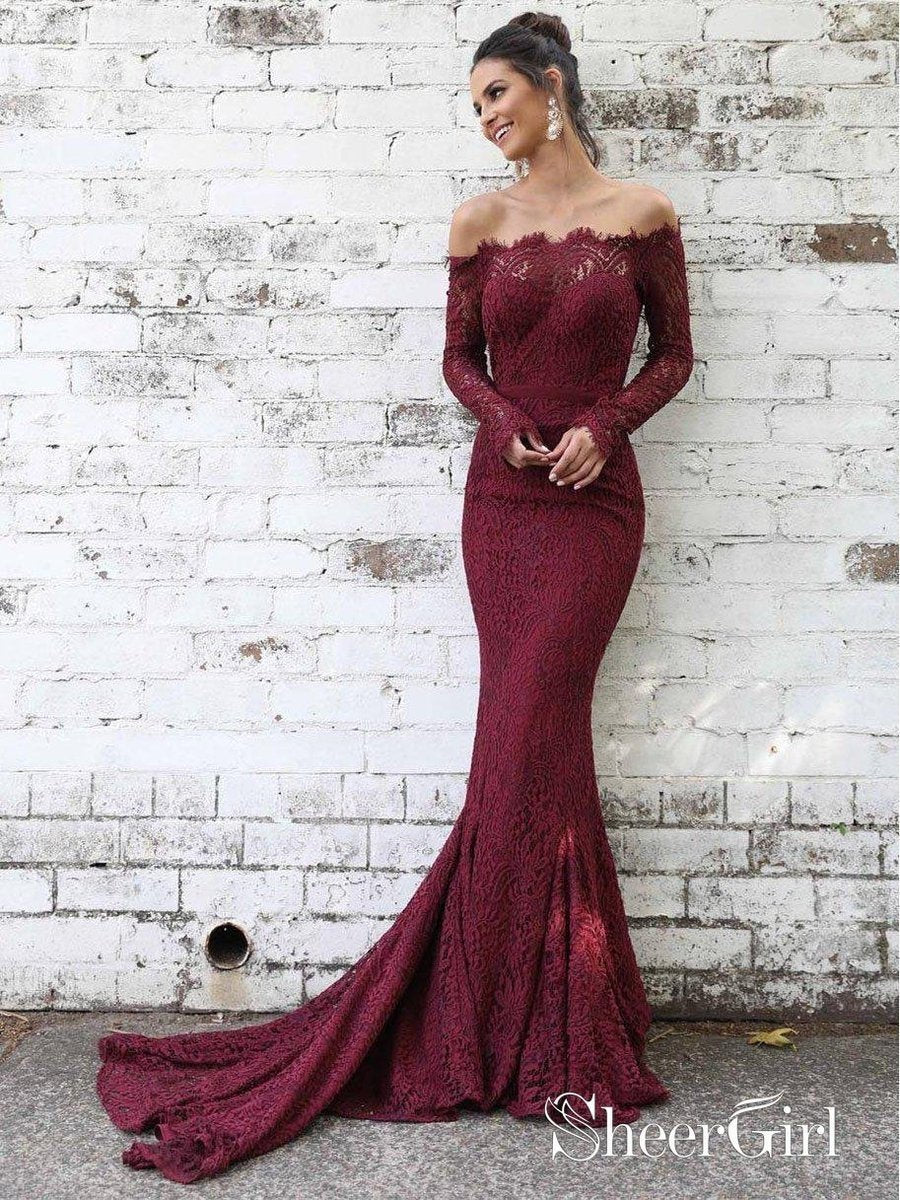 Off Shoulder Mermaid Lace Long Sleeves Prom Dresses