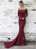 Long Sleeve Lace Maroon Mermaid Prom Dresses Off the Shoulder Formal Dress ARD1416-SheerGirl