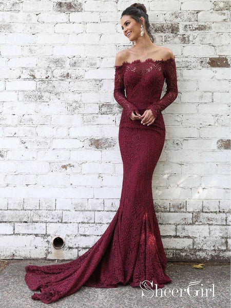 open lace back dress Long Sleeve Lace Maroon Mermaid Prom Dresses Off The Shoulder Formal Dress ARD1416