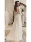 Long Sleeve Lace Top Beach Wedding Dresses V Neck Chiffon Wedding Dress AWD1149-SheerGirl