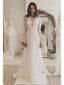 Long Sleeve Lace Top Beach Wedding Dresses V Neck Chiffon Wedding Dress AWD1149