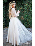 Long Sleeve Lace Top Beach Wedding Dresses With Slit Cheap Rustic Wedding Dress AWD1260-SheerGirl