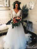 Long Sleeve Lace Tulle Boho Wedding Dresses Rustic Bridal Dress AWD13534-SheerGirl