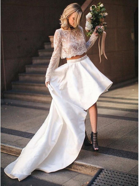 two piece lace wedding dress Long Sleeve Lace Two Piece Wedding Dresses High Low Beach Wedding Dress AWD1522