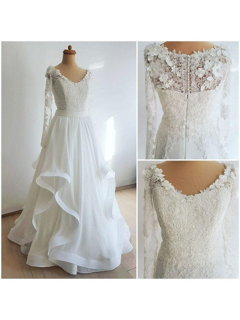 Long Sleeve Lace Wedding Dresses Appliqued Cheap Vintage Beach Wedding Dresses APD3508-SheerGirl
