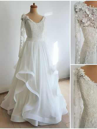 Long Sleeve Lace Wedding Dresses Appliqued Cheap Vintage Beach Wedding Dresses APD3508-SheerGirl