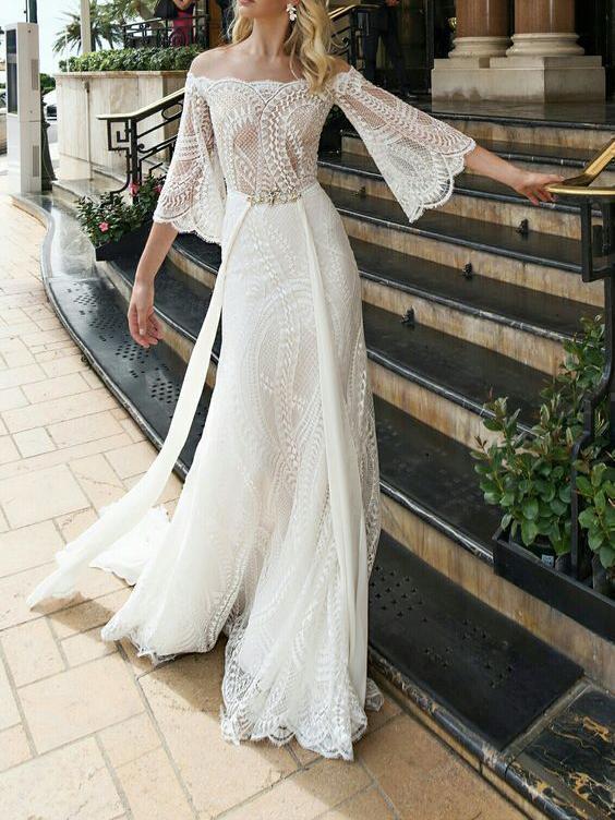 Long Sleeve Lace Wedding Dresses Off the Shoulder Ivory Beach Wedding Dress AWD1147-SheerGirl