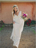 Long Sleeve Lace Wedding Dresses V Neck Ivory Vintage Beach Wedding Dresses AWD1121-SheerGirl