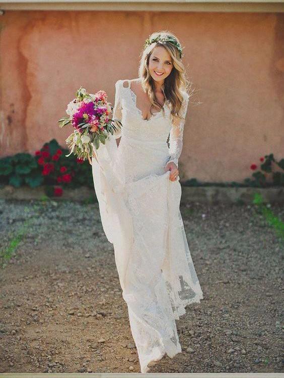 Long Sleeve Lace Wedding Dresses V Neck Ivory Vintage Beach Wedding Dresses AWD1121-SheerGirl