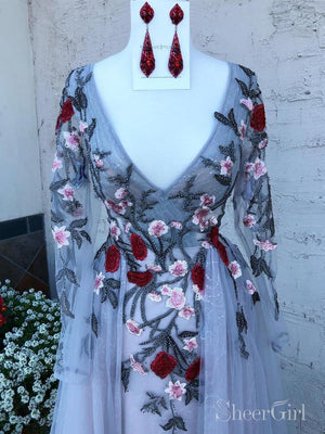 Long Sleeve Modest Floral Prom Dresses Embroidered Long Formal Dress ARD2094-SheerGirl