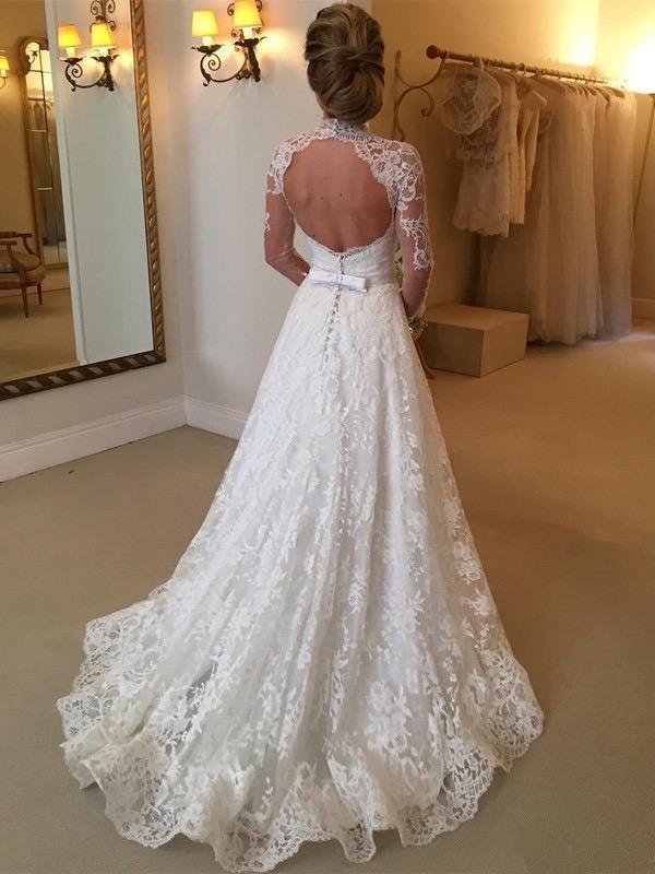 high neck long sleeve backless wedding dress High-Neck Long Sleeve Brocade A-Line Wedding Dress With Open Back And  Buttons