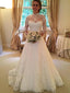 Skromné ​​krajkové svatební šaty s dlouhým rukávem Svatební šaty slonovinové barvy s vysokým výstřihem a zády AWD1091 