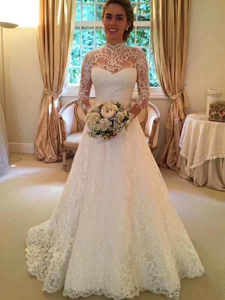 Long Sleeve Modest Lace Wedding Dresses High Neck Backless Ivory Wedding Dresses AWD1091 Long Sleeve Modest Lace Wedding Dresses High Neck Backless Ivory Wedding Dresses AWD1091