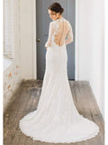 Long Sleeve Modest Sheath Lace Wedding Dresses with Court Train AWD1290-SheerGirl