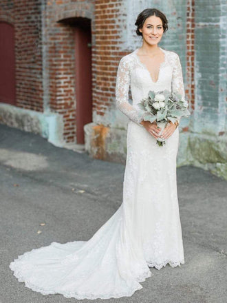 Long Sleeve Modest Sheath Lace Wedding Dresses with Court Train AWD1290-SheerGirl