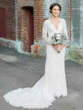 Long Sleeve Modest Sheath Lace Wedding Dresses with Court Train AWD1290-SheerGirl