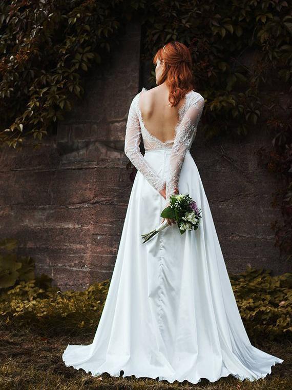 modest white dress satin Satin Wedding Dresses,Modest Wedding Dress,White Wedding Dress,Simple Bridal Dress,WD00156, US16 / Ivory