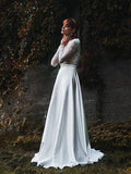 Long Sleeve Modest White Wedding Dresses Satin Plus Size Beach Wedding Dress AWD1193-SheerGirl