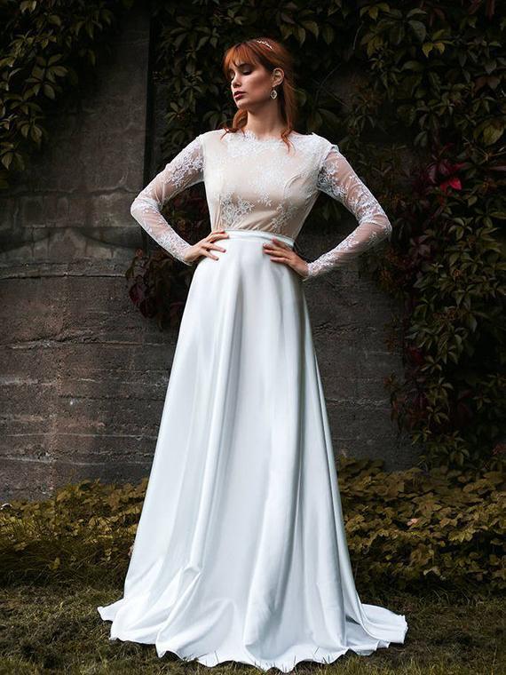 Long Sleeve Modest White Wedding Dresses Satin Plus Size Beach Wedding Dress AWD1193-SheerGirl
