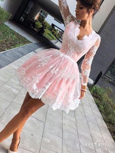 Long Sleeve Pink Homecoming Dresses V Neck Lace Short Junior Homecoming Dresses ARD1202-SheerGirl