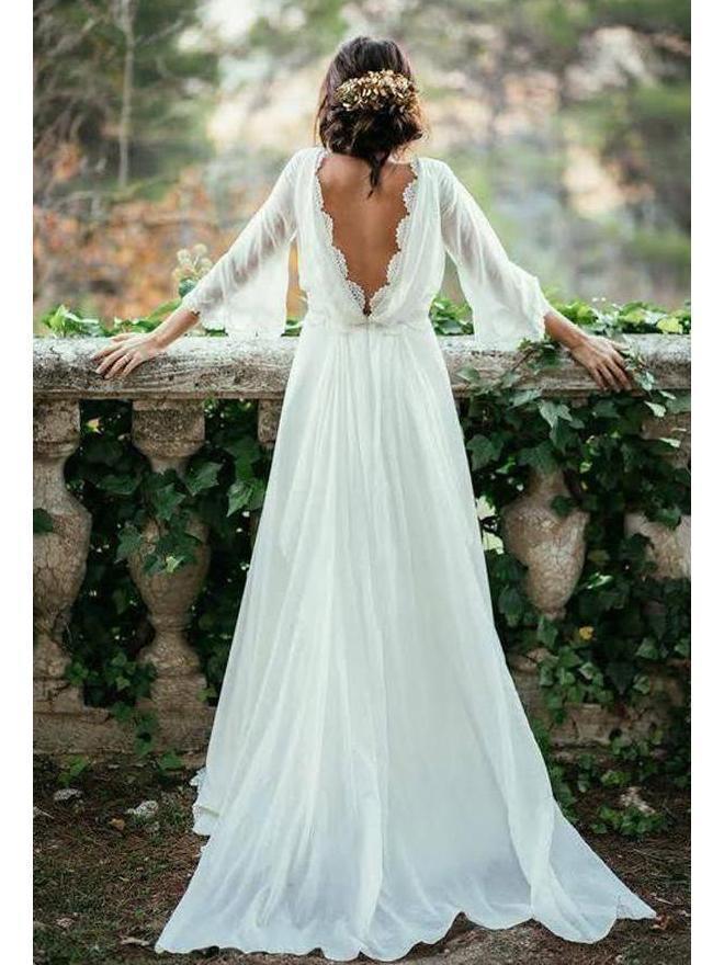 Long Sleeve Country Wedding Dresses Backless Beach Wedding Dresses