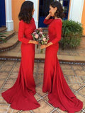 Long Sleeve Red Mermaid Bridesmaid Dresses Modest Wedding Guest Dress ARD1392-SheerGirl