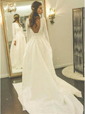 Long Sleeve Royal Wedding Dresses Backless White Ball Gown Wedding Dress with Pocket AWD1237-SheerGirl
