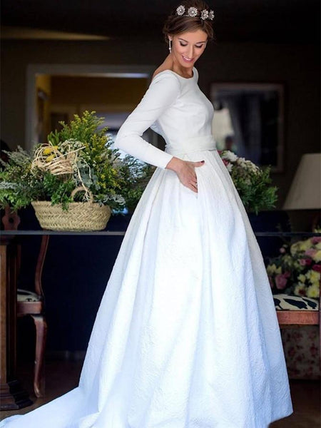 white christmas dresses Long Sleeve Royal Wedding Dresses Backless White Ball Gown Wedding Dress with Pocket AWD1237