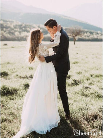 Long Sleeve Rustic Weding Dresses Lace Appliqued Ivory Beach Wedding Dress AWD1159-SheerGirl