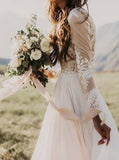 Long Sleeve Rustic Weding Dresses Lace Appliqued Ivory Beach Wedding Dress AWD1159-SheerGirl