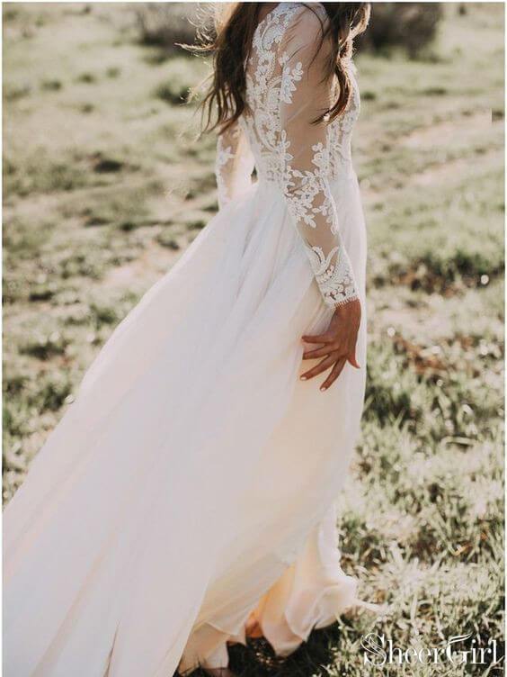 Long Sleeve Rustic Weding Dresses Lace Appliqued Ivory Beach Wedding Dress AWD1159-SheerGirl