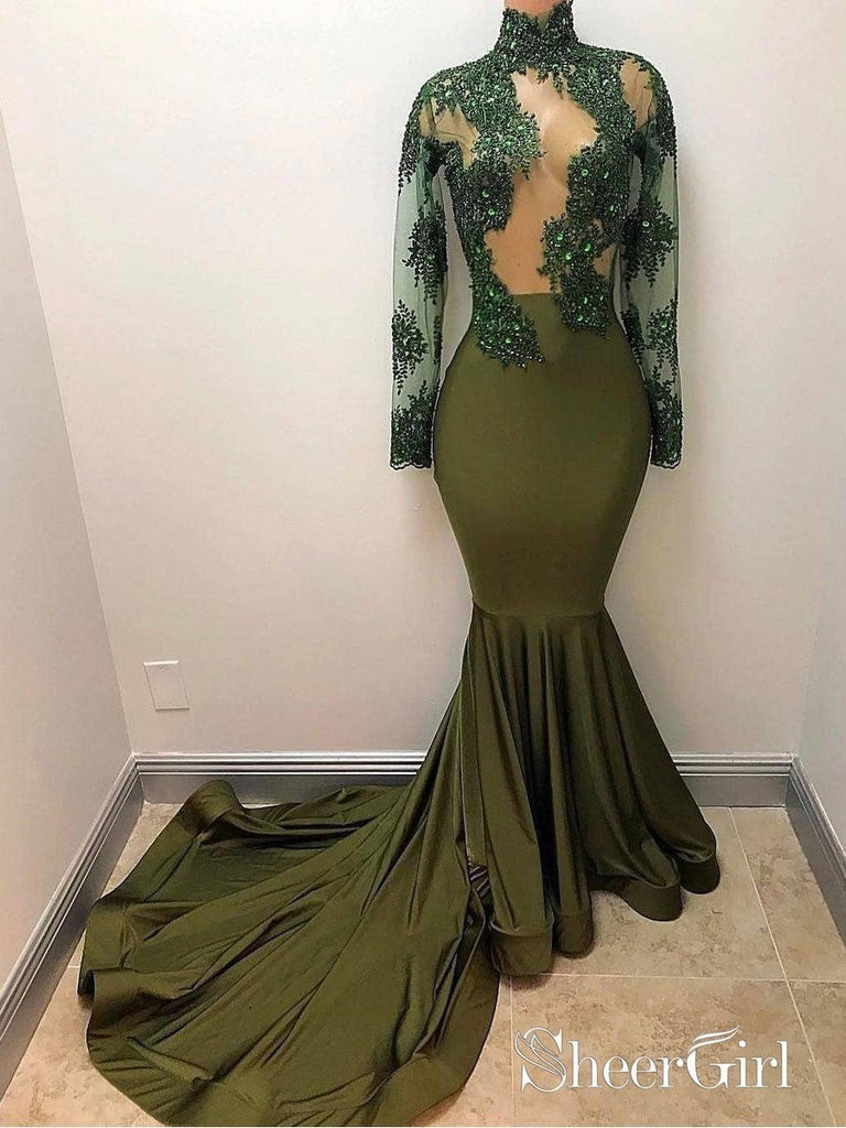 Long Sleeve See Through Beaded Prom Dresses Mermaid Vintage Green Formal Dress APD3396-SheerGirl