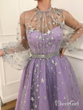 Long Sleeve See Through Lilac Star Lace Prom Dresses with Sleeves & Belt ARD1941-SheerGirl