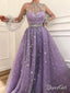 Long Sleeve See Through Lilac Star Lace Prom Dresses with Sleeves & Belt ARD1941