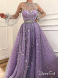 Long Sleeve See Through Lilac Star Lace Prom Dresses with Sleeves & Belt ARD1941-SheerGirl