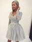 Long Sleeve Silver Lace Applique Homecoming Dresses V Neck Vintage Hoco Dress ARD1742