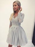 Long Sleeve Silver Lace Applique Homecoming Dresses V Neck Vintage Hoco Dress ARD1742-SheerGirl