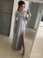 Long Sleeve Silver Prom Dresses Side Slit Blush Pink Lace Formal Maxi Dress ARD1849