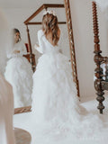 Long Sleeve Simple Ivory White Wedding Dresses with Ruffle Skirt AWD1570-SheerGirl