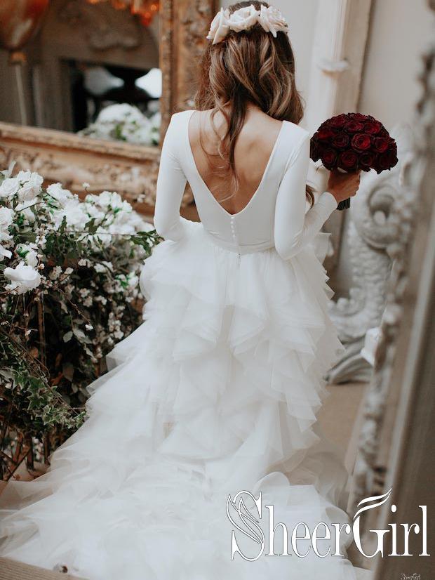 Sheer Long Sleeve A-Line Wedding Dress – HAREM's Brides