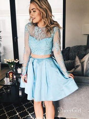 long sleeve blue homecoming dresses Sky See Through Two Piece Hoco Dress ARD1415 Size:38