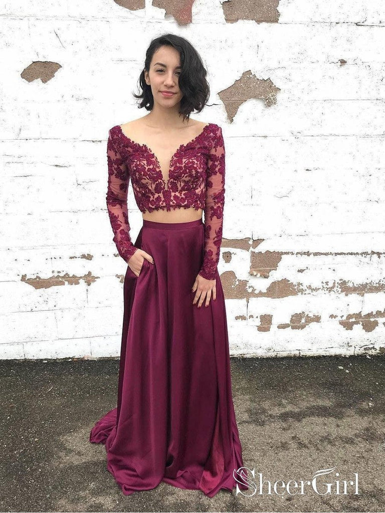 Long Sleeve Two Piece Lace Prom Dresses Purple See Through Beaded Formal Dresses APD3413-SheerGirl