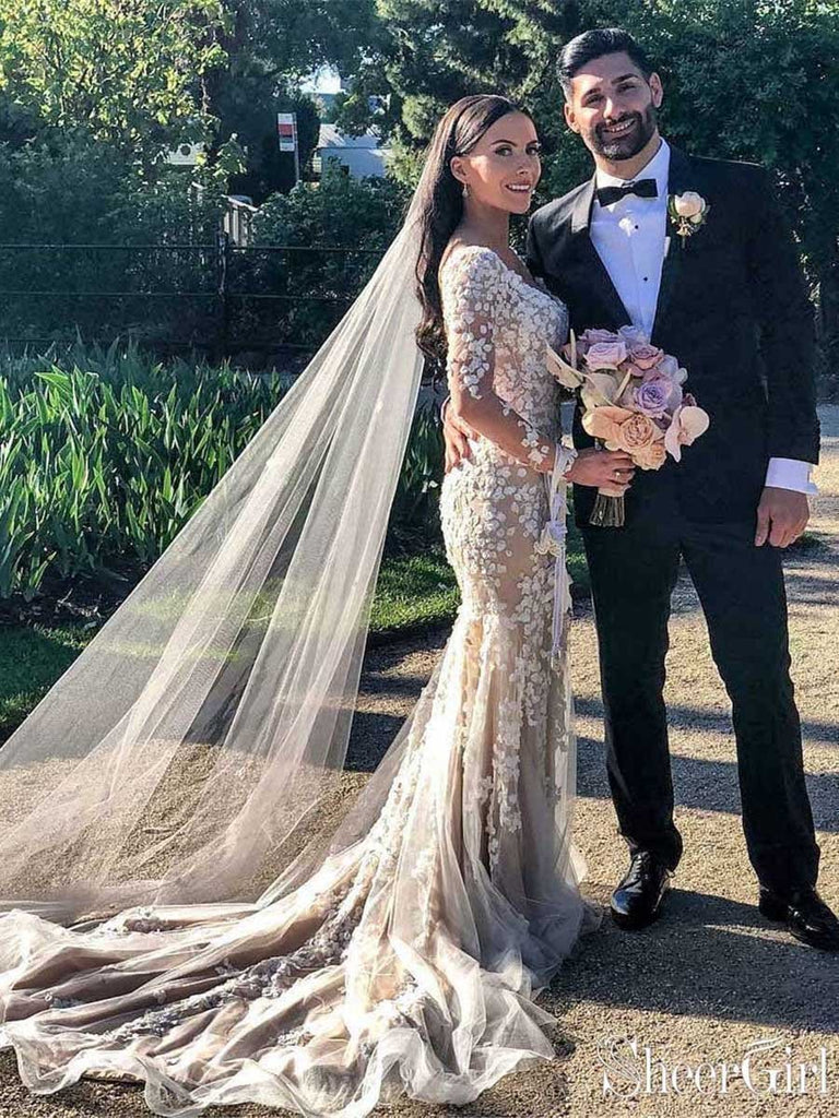 Long Sleeve V Neck Mermaid Wedding Dresses See Through Bridal Dress AWD1355 Long Sleeve V Neck Mermaid Wedding Dresses See Through Bridal Dress AWD1355