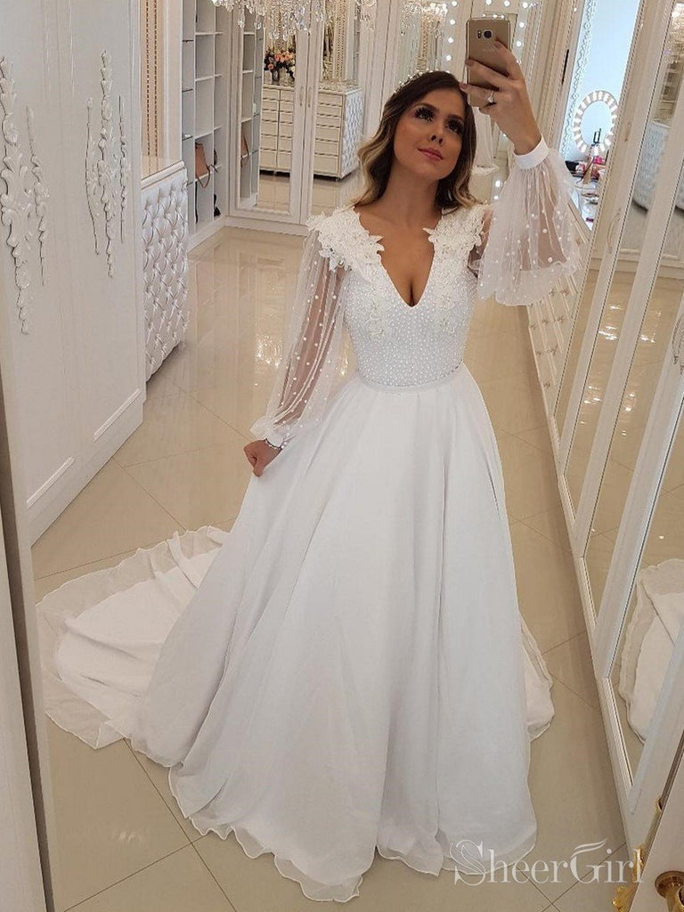 Long Sleeve V Neck Wedding Dresses Floral Applique Boho Wedding Gown AWD1560 Long Sleeve V Neck Wedding Dresses Floral Applique Boho Wedding Gown AWD1560