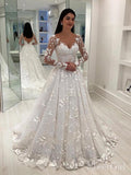 Long Sleeve Vintage Lace Wedding Dresses Modest V Neck Wedding Gown AWD1452-SheerGirl