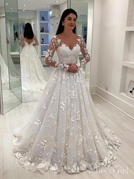 Long Sleeve Vintage Lace Wedding Dresses Modest V Neck Wedding Gown AWD1452