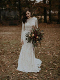 Long Sleeve Vintage Wedding Dresses Backless Rustic Lace Wedding Dresses AWD1137-SheerGirl