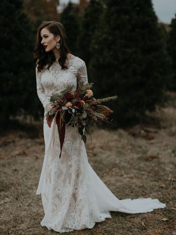 Long Sleeve Vintage Wedding Dresses Backless Rustic Lace Wedding Dresses AWD1137-SheerGirl