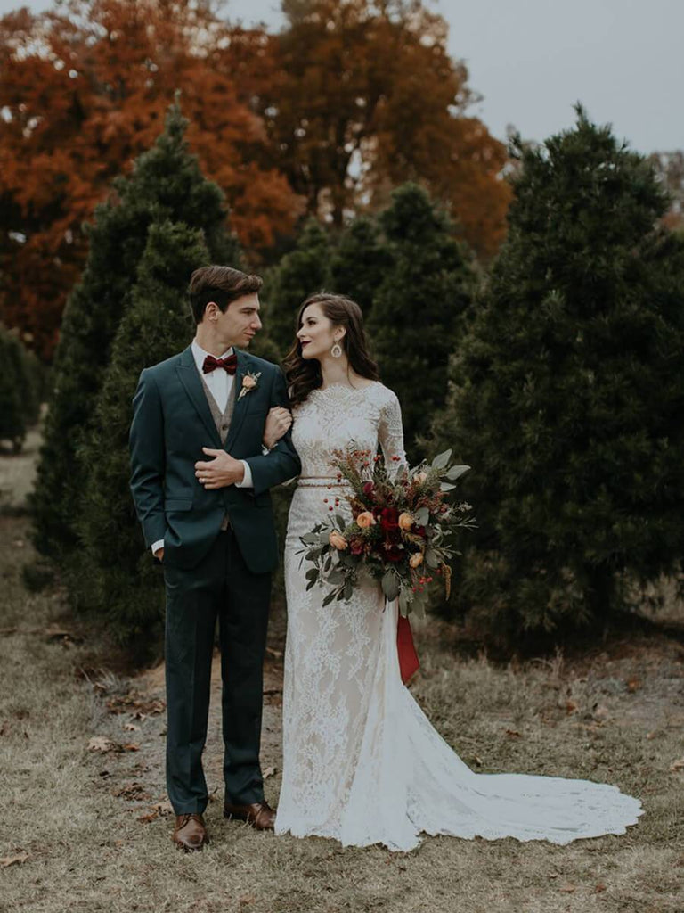 Long Sleeve Vintage Wedding Dresses Backless Rustic Lace Wedding Dresses AWD1137-SheerGirl